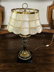 Century Modern Vintage Brass Lamp with Capiz Lamp Shade - Picture 1 of 3