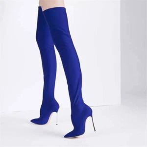 Casadei Blade Style Thigh Boots 12 cm 41 Blue stetch metal high heels - Picture 1 of 12