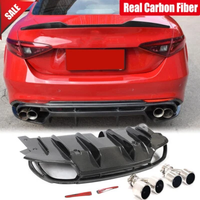 For Alfa Romeo Giulia Base Real Carbon Rear Bumper Diffuser Lip W/ Exhaust Tips - Image 1 of 4