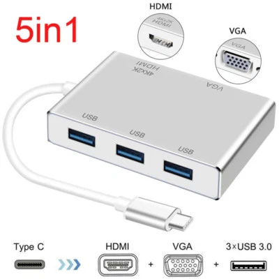 5in1 Type C to HDMI 3 USB 3.0 HUB VGA Cable Video Adapter Converter For PC HDTV - Image 1 of 4