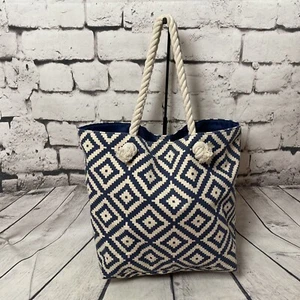 Summer and Rose Brittney Geometric Tote Beach Bag Navy Blue Cream Medium - Picture 1 of 12