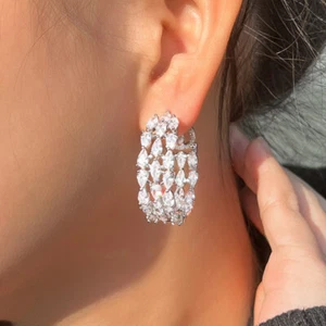 Dazzling Silver Plated Cubic Zirconia Wide Hoop Earrings for Women Wedding Party - Picture 1 of 9