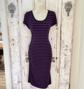 Liz Lange Maternity XS Womans Navy Blue Pink Striped Ruched Comfy Knit Dress - Picture 1 of 8