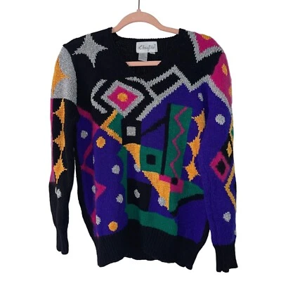 Suéter Christine Mujer Vintage Talla Mediana Negro Lana Angora Abstracto Cuello en V Foto 1 de 4