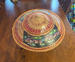 Sombrero de rickshaw de granjero COOLIE de ratán cónico pintado a mano asiático vintage - Imagen 1 de 12