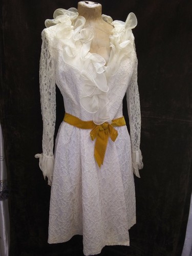 OFF WHITE Abito da cocktail vintage anni 60 bianco panna rayon pizzo mod taglia S M