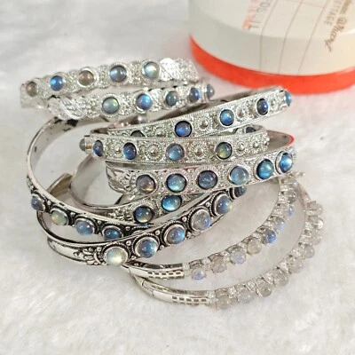 Echter Natürlicher grau Mondstein Labradorit Armreif Silberner Armband Damen - Bild 1 von 3