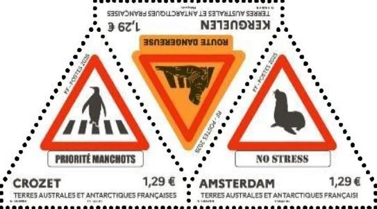 fsat 2025 taaf antarctic Triptych Road signs birds seal manchot animals ms3v mnh - Image 1 of 1