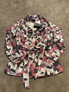 NWT Women Cynthia Rowley Gray Pink Trench Coat Jacket Large Belt Double Breasted - Picture 1 of 6