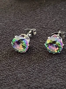 Mystic Topaz CZ Crystal Silver Tone 10mm Stud Post Earrings Blue Green Pink Hues - Picture 1 of 7