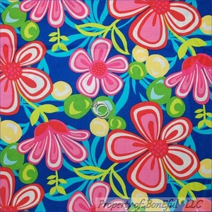 BonEful Fabric FQ Cotton Quilt Blue Ocean Pink FLOWER Bright Color Yellow Green - Picture 1 of 8