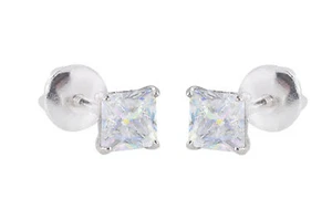 Square CZ Stud Earrings Screw Back 925 Sterling Silver Clear CZ Basket Set - Picture 1 of 3