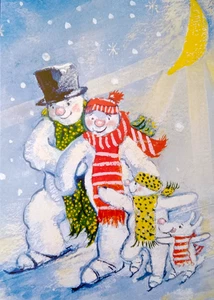 Postkarte Kunst Winter Schnee Schneemann Wintersport Eislaufen Spaß - Bild 1 von 1