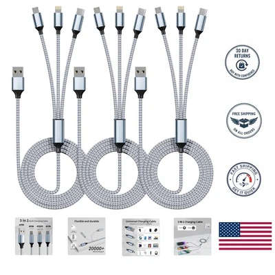 Durable 3-Pack 4FT Multi Charging Cables - Type-C, Micro USB &  Compatible - Image 1 of 4