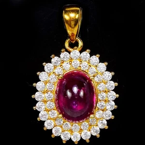 CIONDOLO ARGENTO 925 STERLING VERO ROSA ROSSO RUBINO OVALE E ZIRCONI BIANCHI GEMMA - Foto 1 di 8