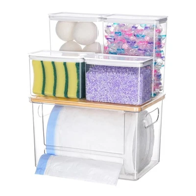 Contenedor para cápsulas de lavandería con soporte para bolsa de basura 5 en 1 dispensador de bolsas de basura bajo pecado... Foto 1 de 4