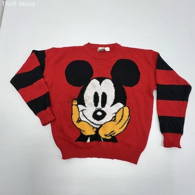 复古 90 年代 Mickey & Co. 男式红色针织毛衣米老鼠脸条纹 L — 第 1/4 张图片