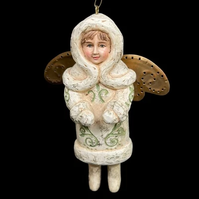 Adorno de Navidad Ángel Vintage Rústico Granja Blanco Verde Oro Alas Shabby Foto 1 de 4