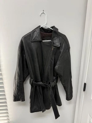 Chaqueta de moto vintage Express Thinsulate de cuero con cinturón larga negra mediana Foto 1 de 4