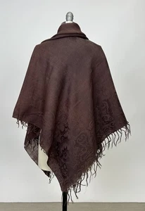 Antique Edwardian Large Shawl With Fringe Brown Floral Jacquard Cotton Blend - Picture 1 of 24