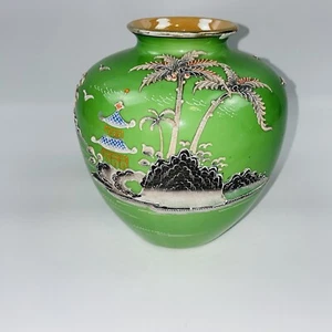 Vintage Japanese Hand Painted Green Metal Moriage Brass Pottery Vase Marked - Picture 1 of 12