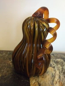 Hand Blown Art Glass Gourd w/Coiled Stem Brown Gold Glitter Stripes Orange - Picture 1 of 8