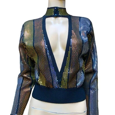 Pullover de noche vintage años 80 St John Marie gris lentejuelas cuello alto bajo en V talla 2 Foto 1 de 4