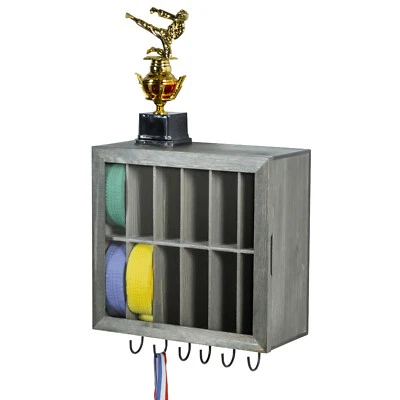 Armário suporte de cinto de artes marciais madeira cinza 12 slots, ganchos de metal preto - Imagem 1 de 4