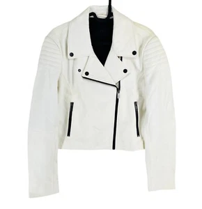 IKKS Women White Leather Short Biker Jacket Size L - Picture 1 of 12