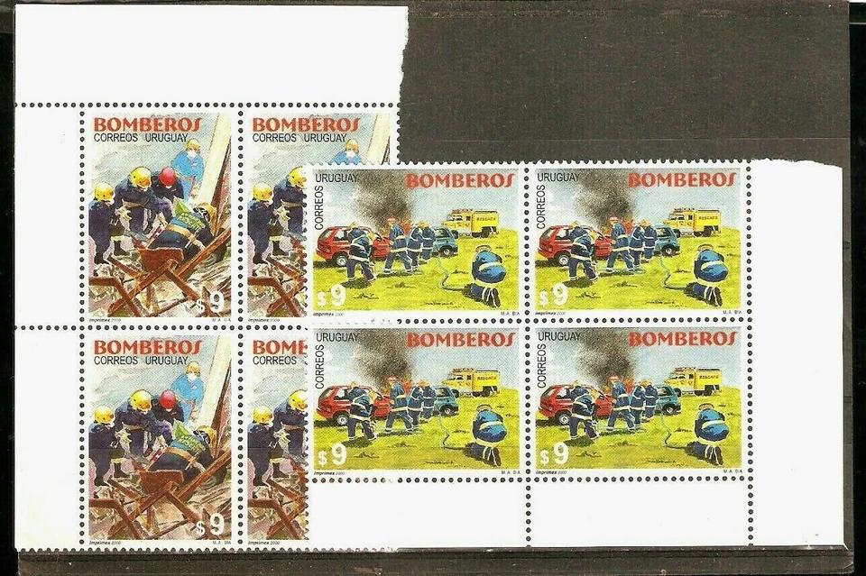 #21020 URUGUAY 2000 FIREMEN,FIRETRUCKS SPECIAL TRANSPORT BLOCx4 YV 1932-3 MNH  - Image 1 of 1