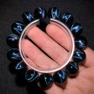 100% Natural Genuine 14mm Blue Tiger Eye Gemstone Beads Elastic Bracelet 7.5" - Picture 1 of 12