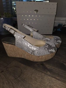 Jimmy Choo Womens Gray Gold Snake Peep Toe Wedge Slingback Heel Shoes Size US5 - Picture 1 of 6