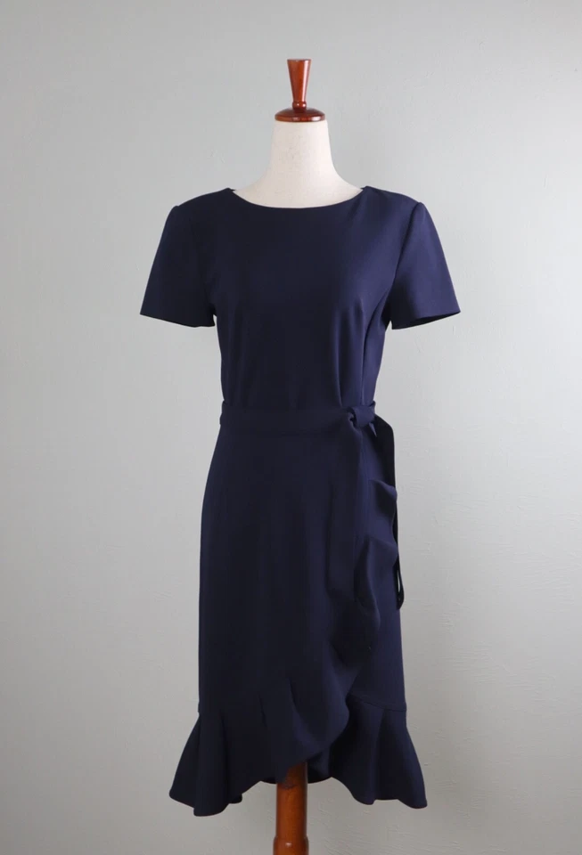 CALVIN KLEIN $129 Structured Solid Navy Crepe Belted Ruffle Dress Size 6 - Image 1 of 4