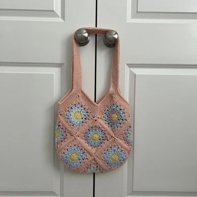 Handmade Crocheted Granny Square Purple Blue Pink Market Bag Tote Shoulder Purse - Image 1 of 4