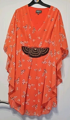 APRICOT CORAL ORANGE FLORAL BATWING FLOATY TUNIC TOP WITH BEAD DETAILING UK 12 M - Image 1 of 4