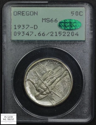 1937 D Oregon Trail Commemorative Silver Half Dollar Rattler OGH PCGS MS 66 CAC - Image 1 of 4