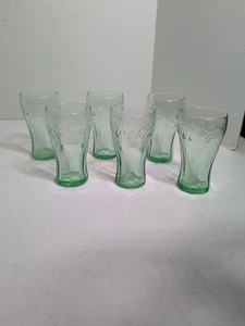 Coca Cola Mini Green Glasses 6 Oz Drinkware Logo Embossed 4 1/2", Set Of 6 - Picture 1 of 8