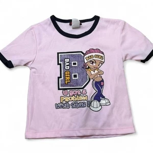 Y2K BAD GIRL Baby T-Shirt Pink Ringer Cropped Soft Grunge Mall Goth Bratcore - Bild 1 von 4