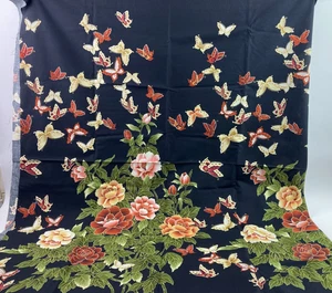 2 yds Asian Garden Butterflies Large Floral Flowers Gold Metallic Border Type - Picture 1 of 5