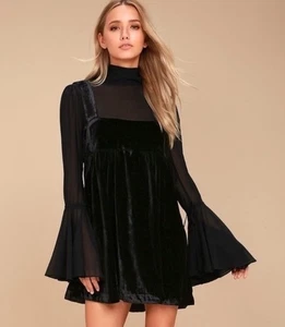 Free People Counting Stars Black Velvet Witchy Babydoll Mini Sheer Dress Size L - Bild 1 von 12