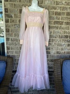 Vintage 1970s Formal Prom Dress Pink Queen Anne Maxi Handmade Prairie Chiffon Sm - Image 1 of 4