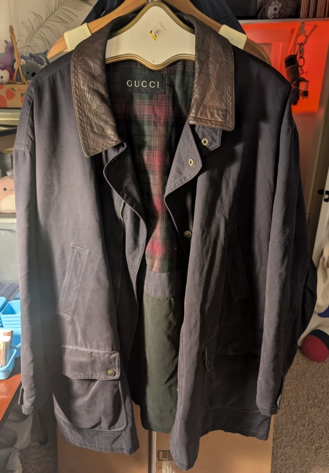 Abrigo Chaqueta de Campo GUCCI De Colección Cuello de Cuero Marrón Forrado a Cuadros Italia - Talla 54 Foto 1 de 4