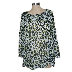 LOGO Lori Goldstein Blouse Sz 1X Leopard Print Pockets Bell Sleeve Green/Gray - Picture 1 of 9