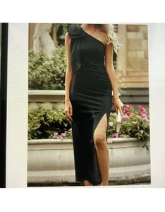 Pretty Garden Black One Sleeve Formal Bodycon Maxi Dress Slit Women’s Medium NWT - Picture 1 of 8