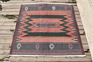Alfombra turca 3x3 pies tejida a mano cuadrada de Anatolia Oriental vintage lana Kilim 115x115 cm - Imagen 1 de 7