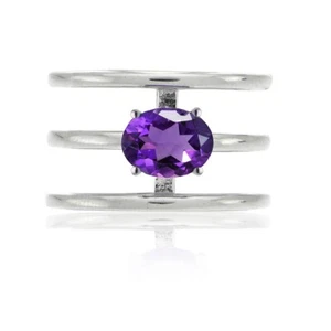 Sterling Silver African Amethyst Oval Three Row Band Ring, Size 7 - Picture 1 of 3