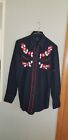 VINTAGE  WESTERN SHIRT PEARL SNAPS EMBROIDERED FLOWERS RED PIPING  BLACK SMALL