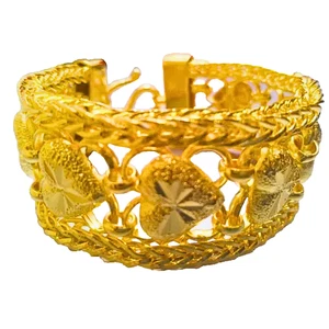 Yellow Gold Heart Bracelet Vintage Charm Thai 5 Baht 24K Plated Handmade 7.5" - Picture 1 of 4