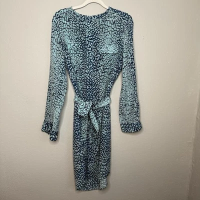 J. McLaughlin 100% Silk Long Sleeve Dress Blue Animal Print Belted Tie Size M - Image 1 of 4