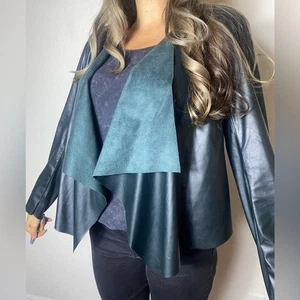 NEW BlankNYC L Black/ Green Faux Vegan Leather Open Front Jacket Shawl - Picture 1 of 13